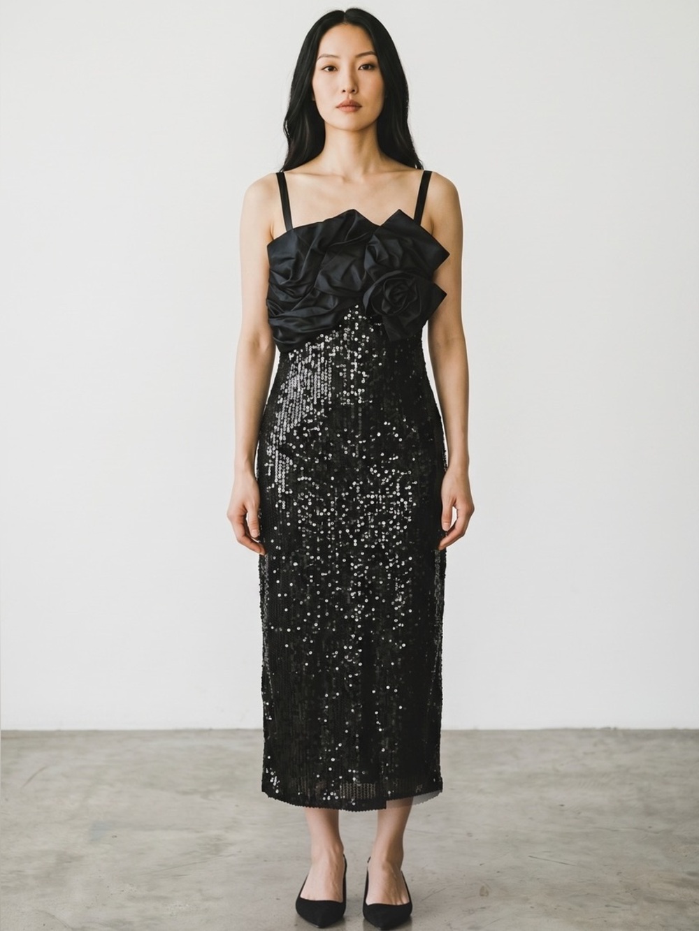 Black Sequin Ruched Strapless Gown